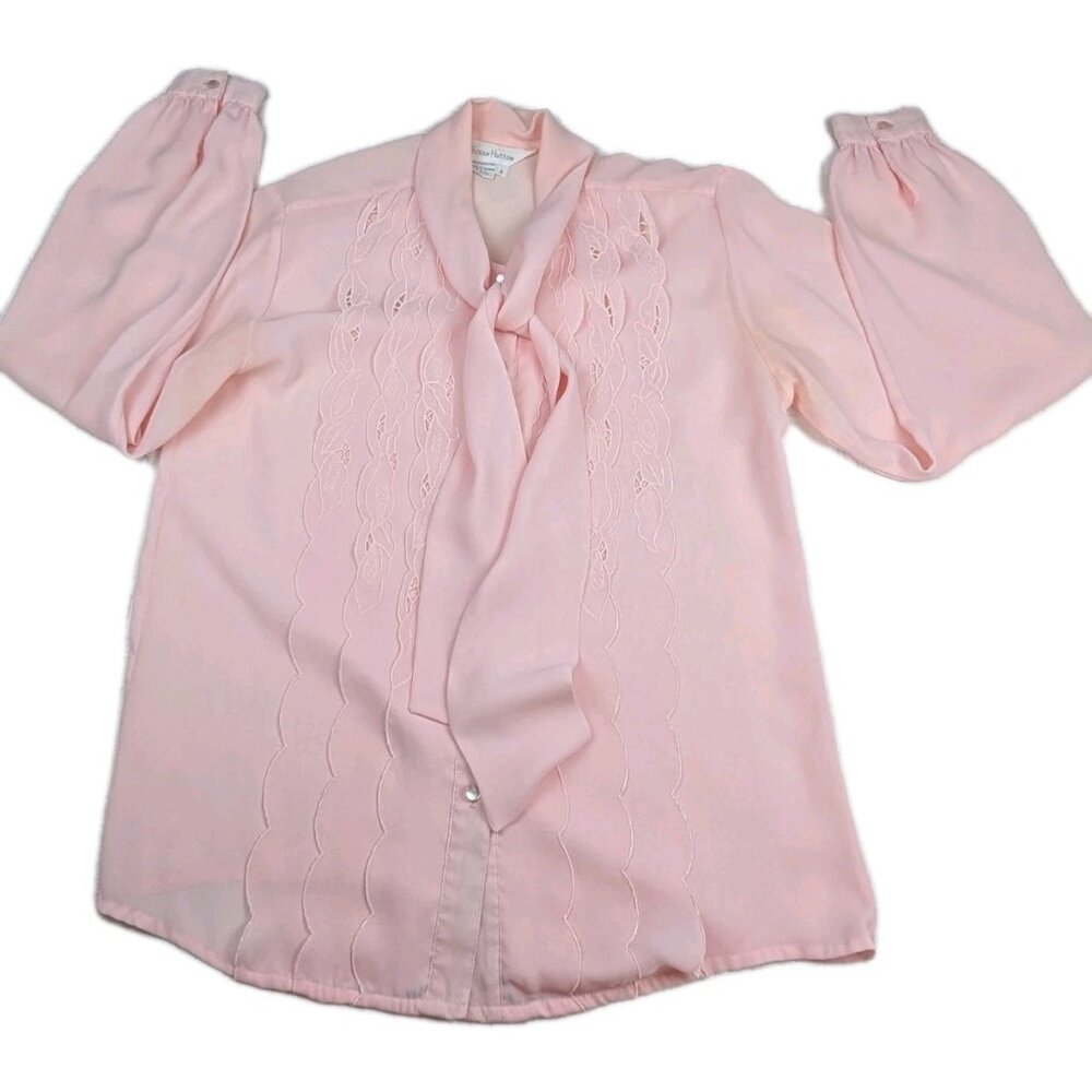 Vintage Susan Hutton Soft Pink Size 8 Blouse Button Down Shirt tie READ